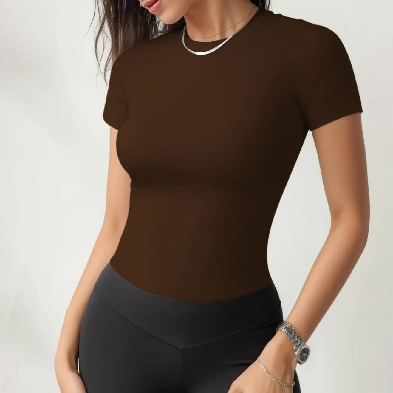 Women's Slim Fit Short Sleeve T-Shirt High Elastic Round Neck Athletic Top Soft Nylon Spandex Base Layer Daily Gym Top