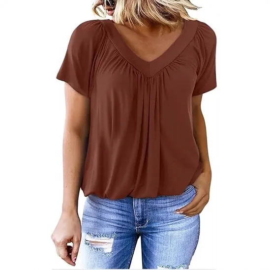 Women V Neck Raglan Sleeve Pleated T Shirt Casual Daily Loungewear Top Solid Color Short Sleeve Fashion Comfortable Breathable Tee