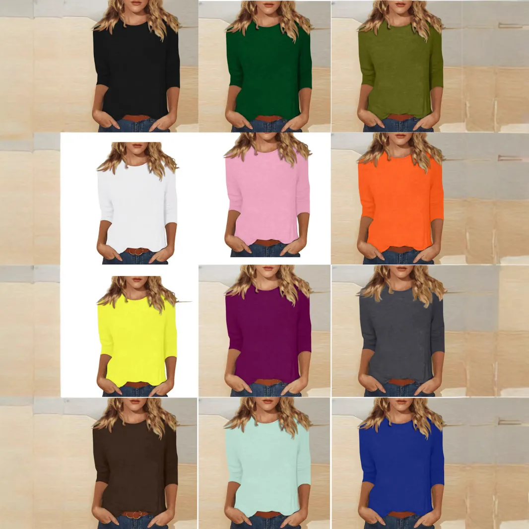 T-Shirt à Col Rond pour Femmes en Mélange de Coton et Élasthanne Manches Trois-Quarts Couleur Unie Top Ample Décontracté Quotidien Mode Vêtements