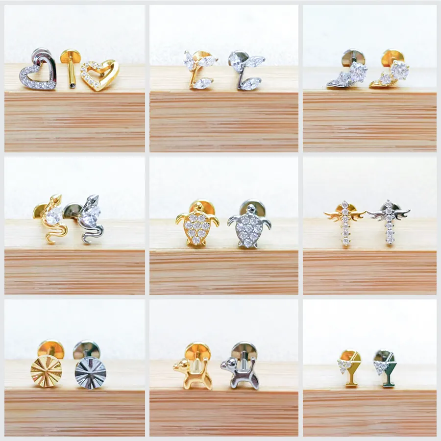 F136 Titanium Internally Threaded Flat Back Labret Heart Snake Dog Turtle Leaf Shape Ear Cartilage Piercing Stud Earring