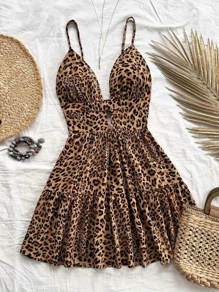 Robe Courte Sexy pour Femmes Col en V Profond Imprimé Léopard Dos Nu Ourlet à Volants Fête de Vacances Tropicales