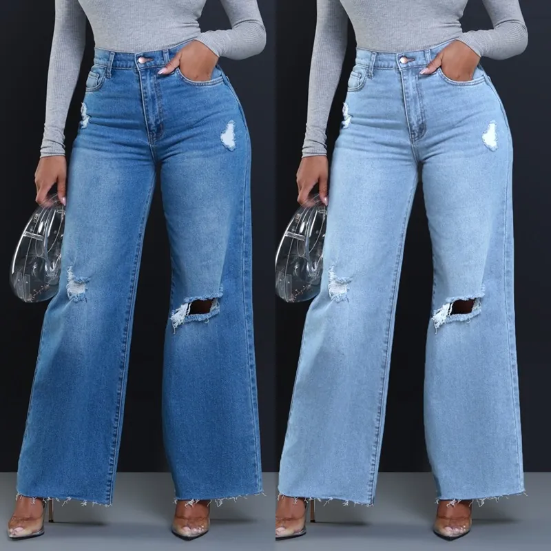Women High Waist Ripped Wide Leg Jeans Loose Straight Leg Denim Distressed Washed Raw Hem Cotton Blend Streetwear Fashion Trousers