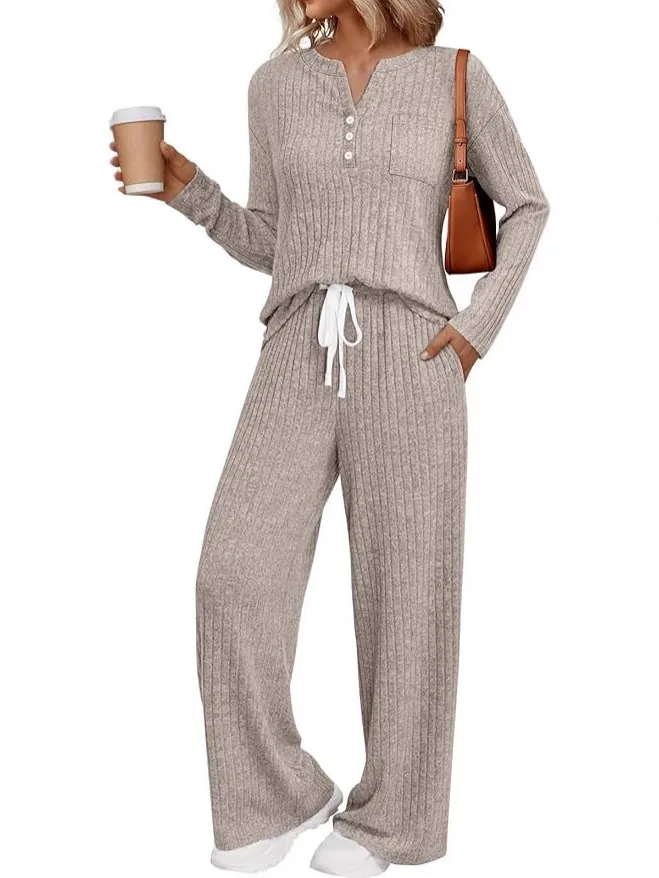 Women Autumn Winter Casual Knitted Ribbed Long Sleeve Top And Wide Leg Pants Loose Outfits Warm Soft Loungewear Outfit