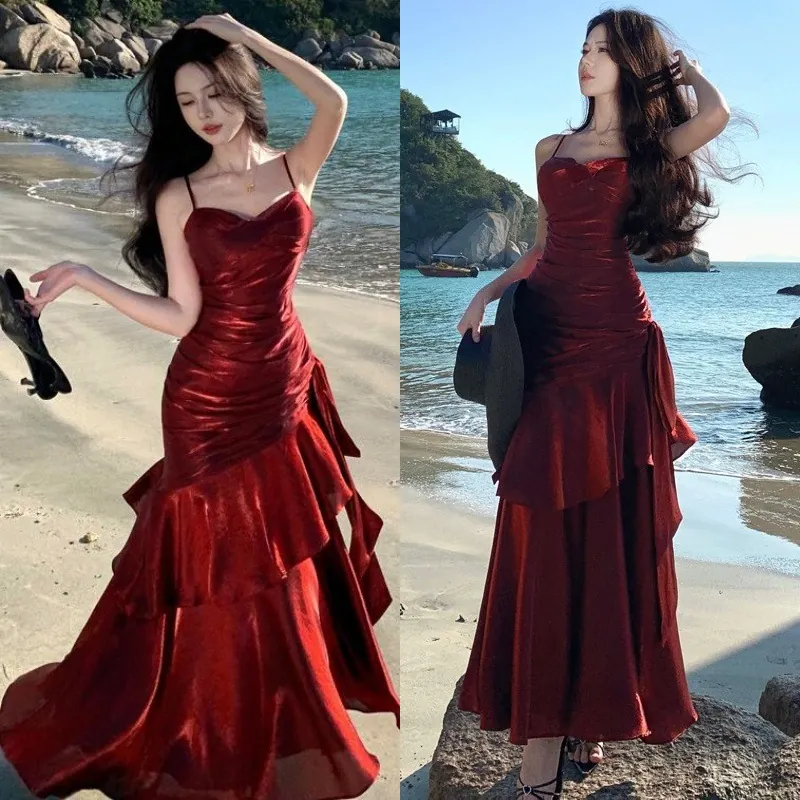 Women's Mermaid Acetate Satin Ruffle Evening Dress Off-Shoulder Slim Sling Formal Banquet Party Maxi Gown Top With Chest Pad