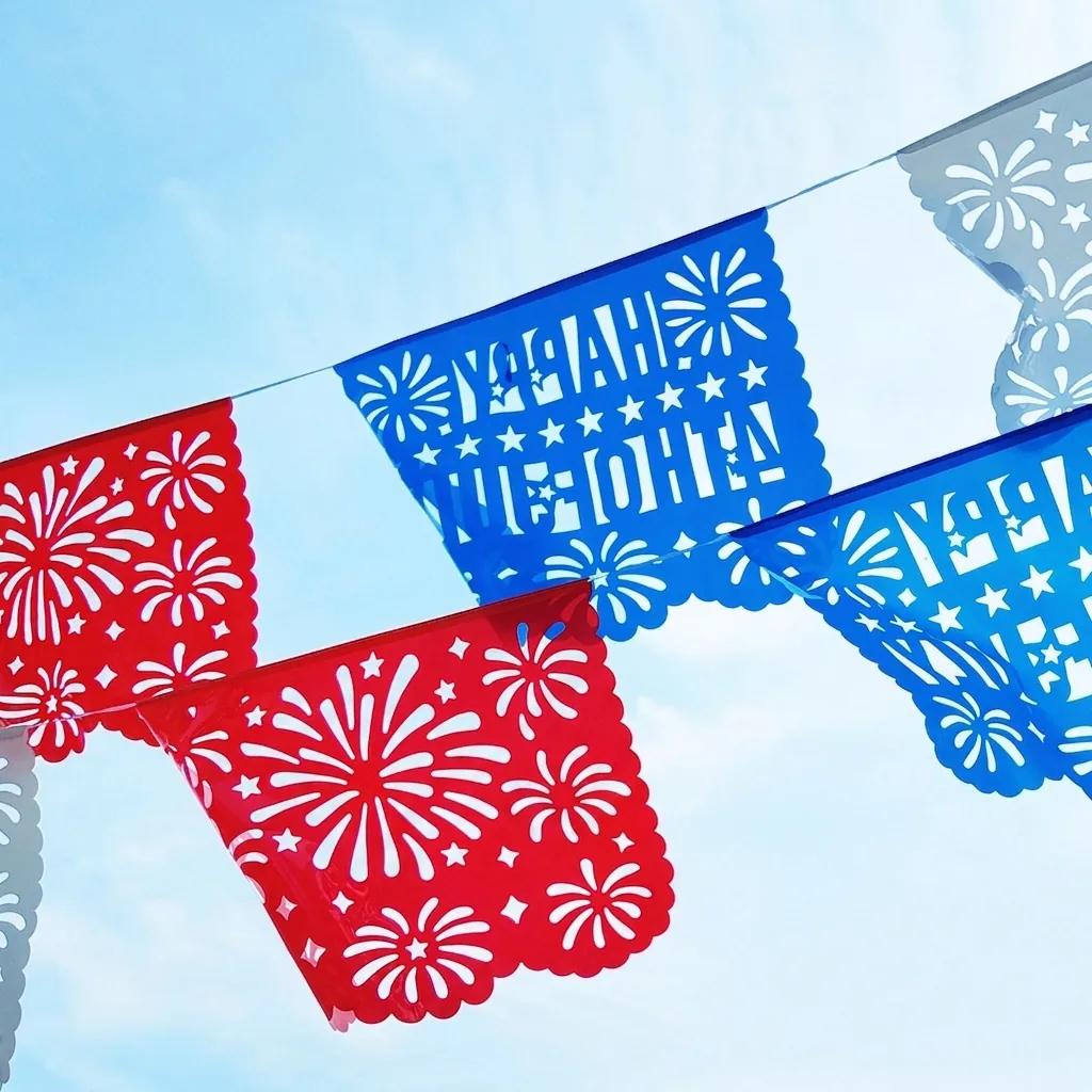 Mexikanischer Papel Picado Kunststoff Banner Für Unabhängigkeitstag Dekorationen Rot Weiß Blau Aussparung Feuerwerk Girlande