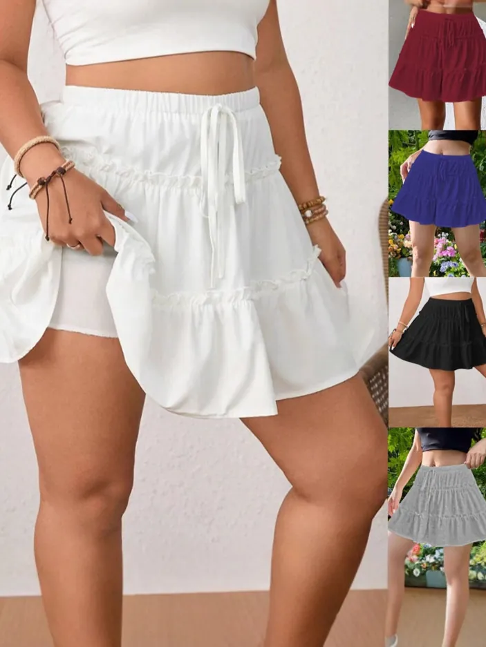 Women's Plus Size Tiered Cake Skirt Summer Sweet Drawstring Skort With Built-in Shorts Patchwork Chenille Mini Skirt