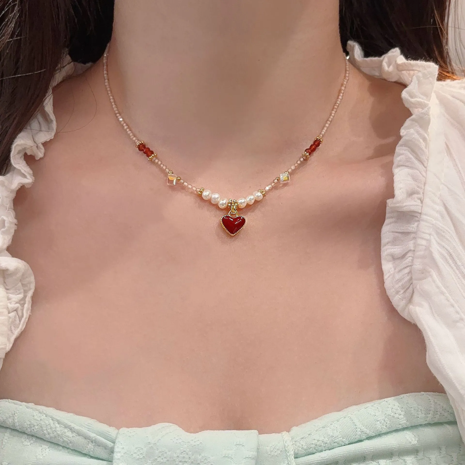 Elegant Copper Crystal Freshwater Pearl Double Sided Heart Pendant Necklace Beaded Choker For Women Luxury Fashion Jewelry