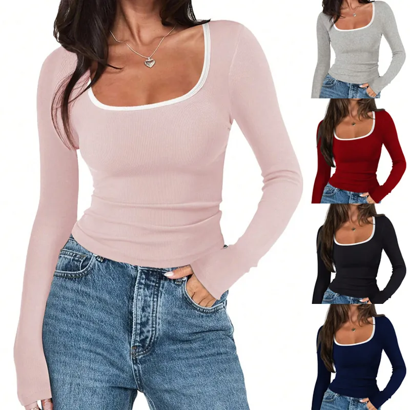 Damen Quadratischer Ausschnitt Langarm Top Kontrastbesatz Rippstrick Slim Fit Baumwollmischung Casual Pullover Shirt