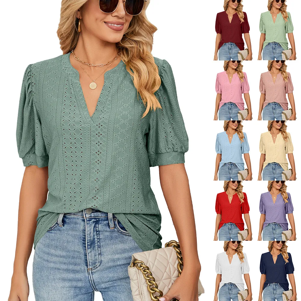 Women's V-Neck Puff Sleeve Hollow Out T-Shirt Casual Cotton Blend Solid Color Loose Fit Short Sleeve Summer Fashion Top