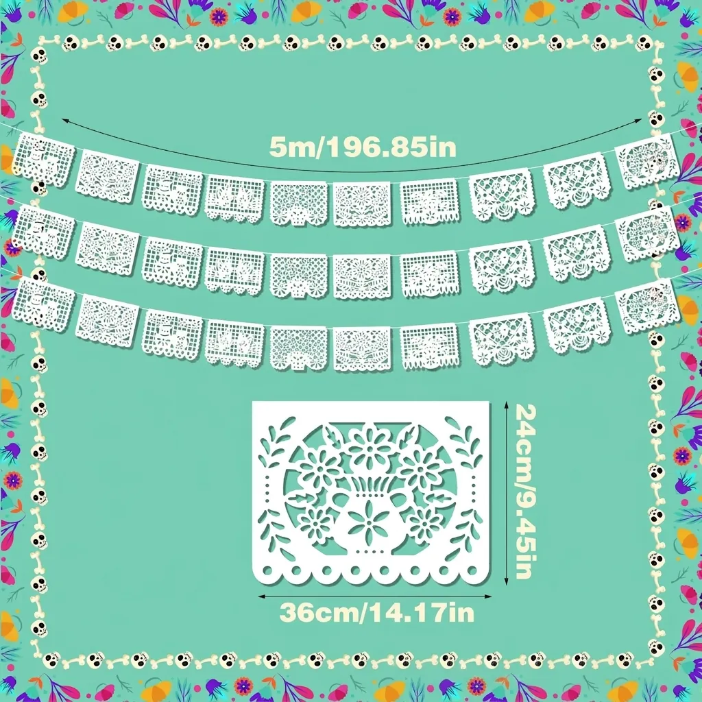 Mexican Papel Picado Banner White Cutout Bird Flower Pattern Plastic Banner For Wedding Party Holiday Events Decoration
