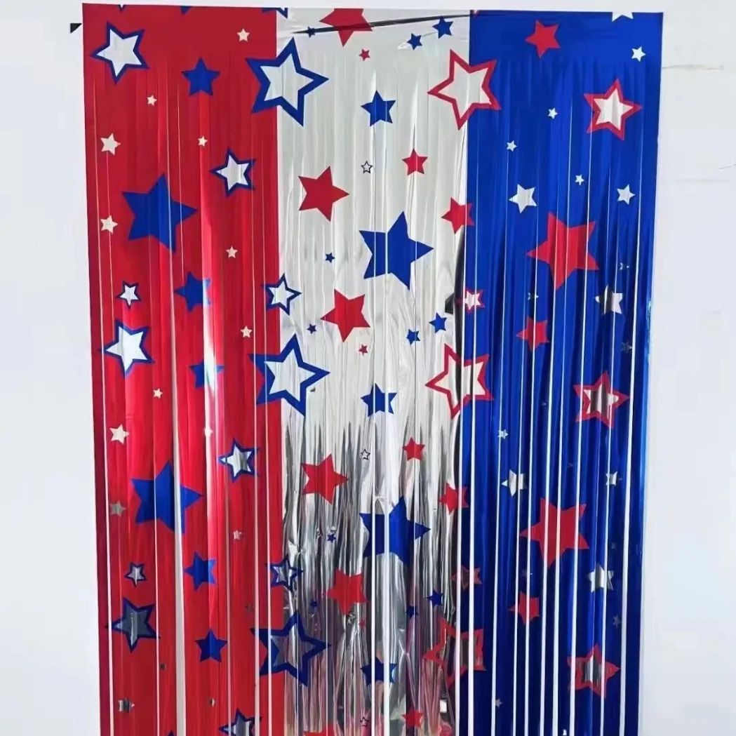 Tenda a Frange per Festa del Giorno dell'Indipendenza Rosso Bianco Blu Metallico Sfondo a Stelle per Decorazione Celebrazione Quattro Luglio
