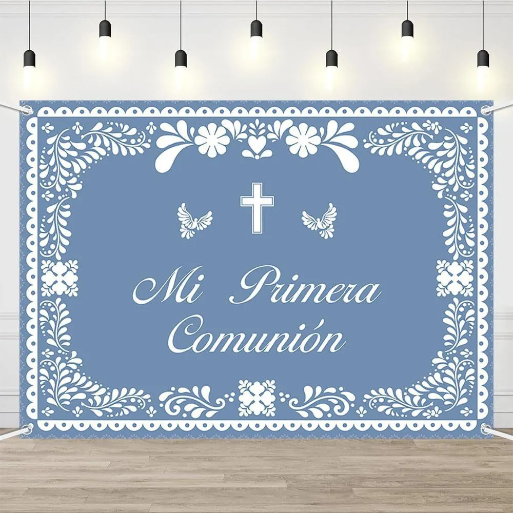 Mexican Baptism Party Decoration God Bless First Communion Backdrop Banner Polyester Floral Religious Photo Background