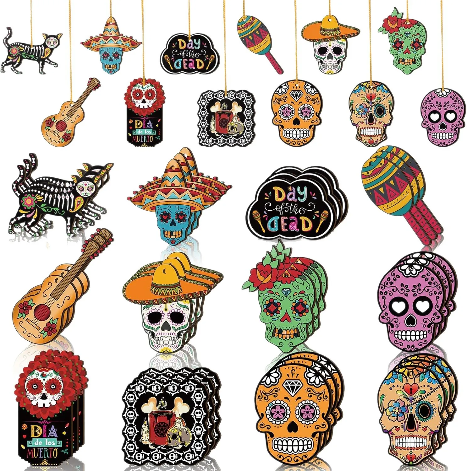 Mexican Day Of The Dead Wooden Hanging Ornaments Colorful Sugar Skull Sombrero Painted Wood Slices For Halloween Party Decor