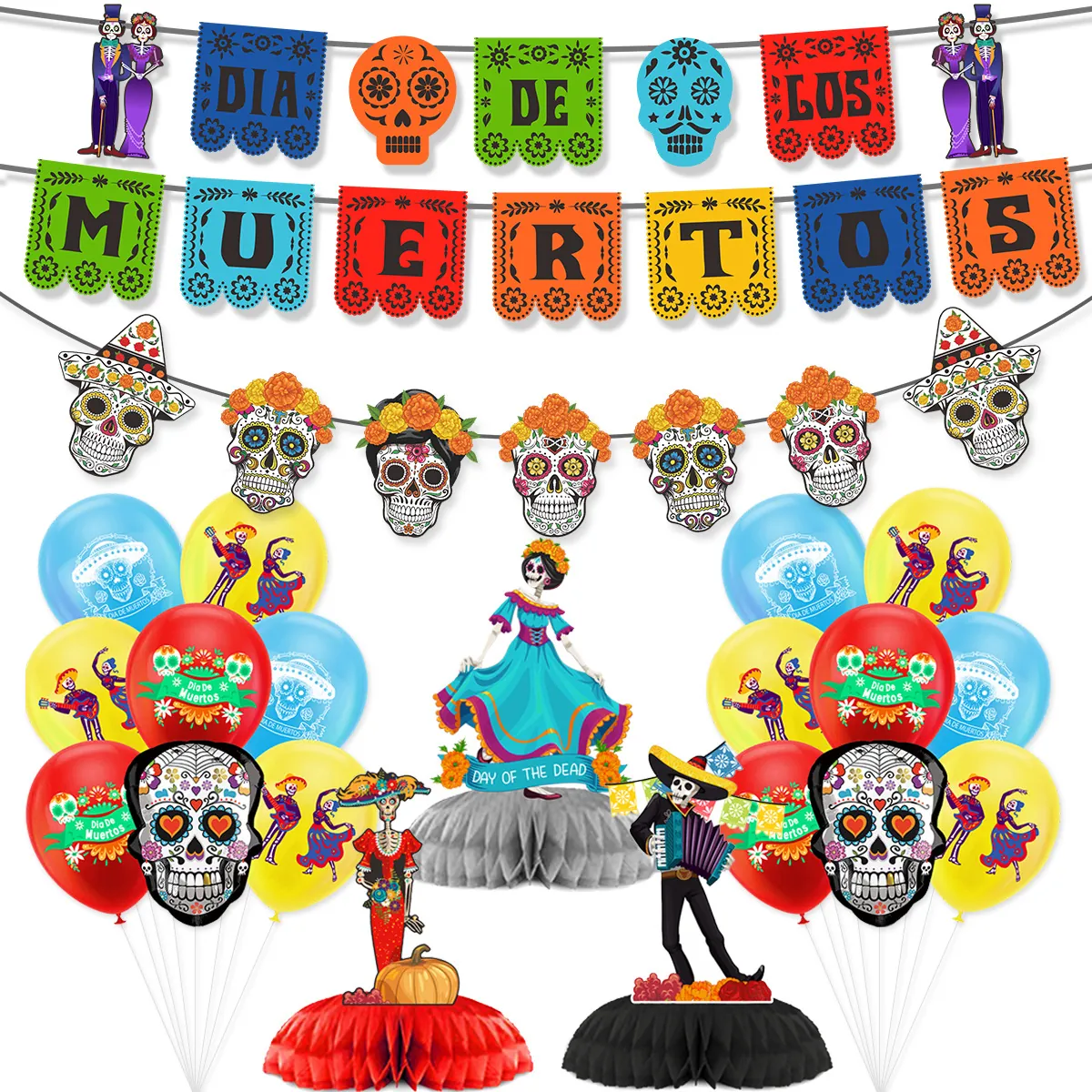 Mexican Day Of The Dead Party Decoration Set Paper Sugar Skull Banner Cake Toppers Honeycomb Centerpieces For Dia De Los Muertos Celebration