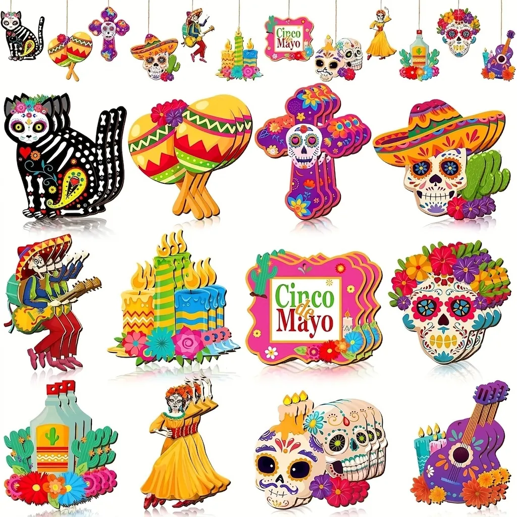 Mexican Day Of The Dead Wooden Hanging Ornaments Colorful Sugar Skull Cat Guitar Wood Sign Halloween Party Home Decoration Pendants