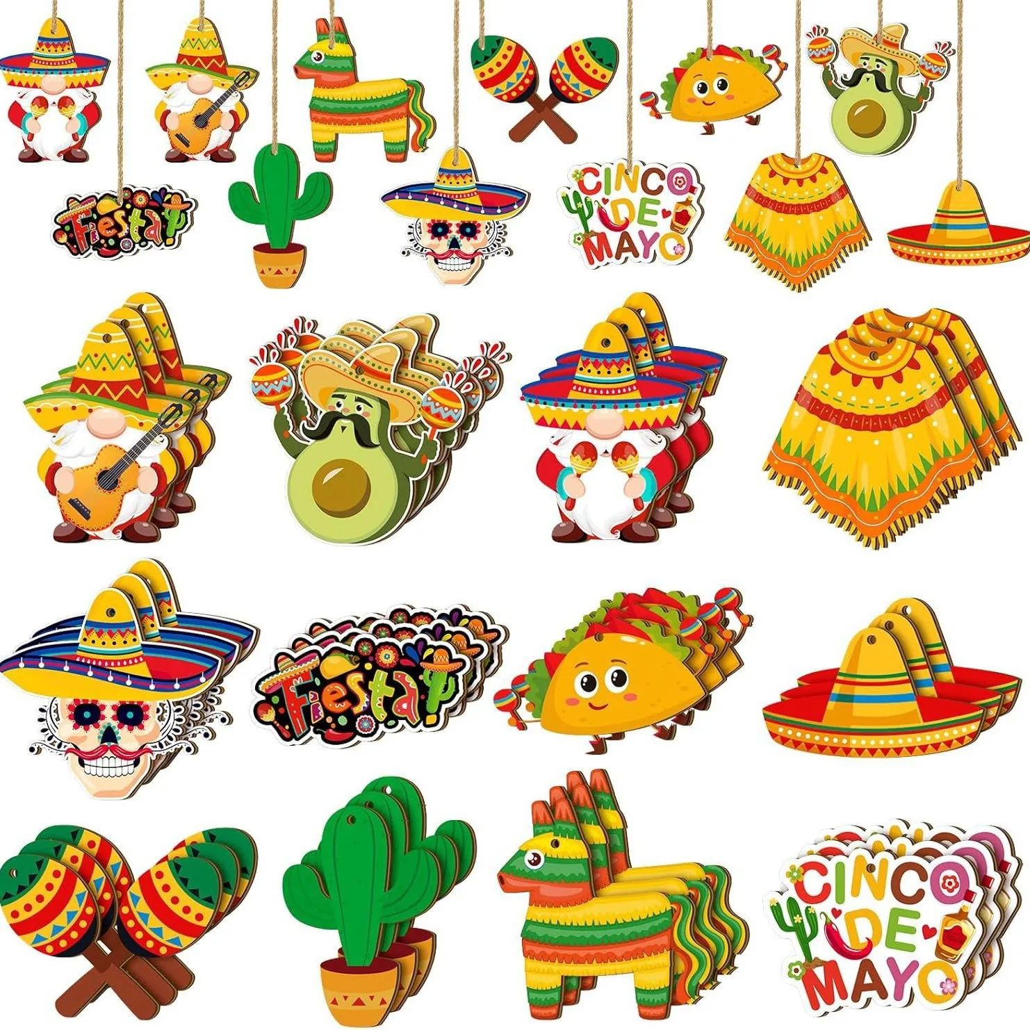 Mexican Fiesta Wood Hanging Ornaments Colorful Printed Cactus Taco Sombrero Piñata Designs For Carnival Party Decoration