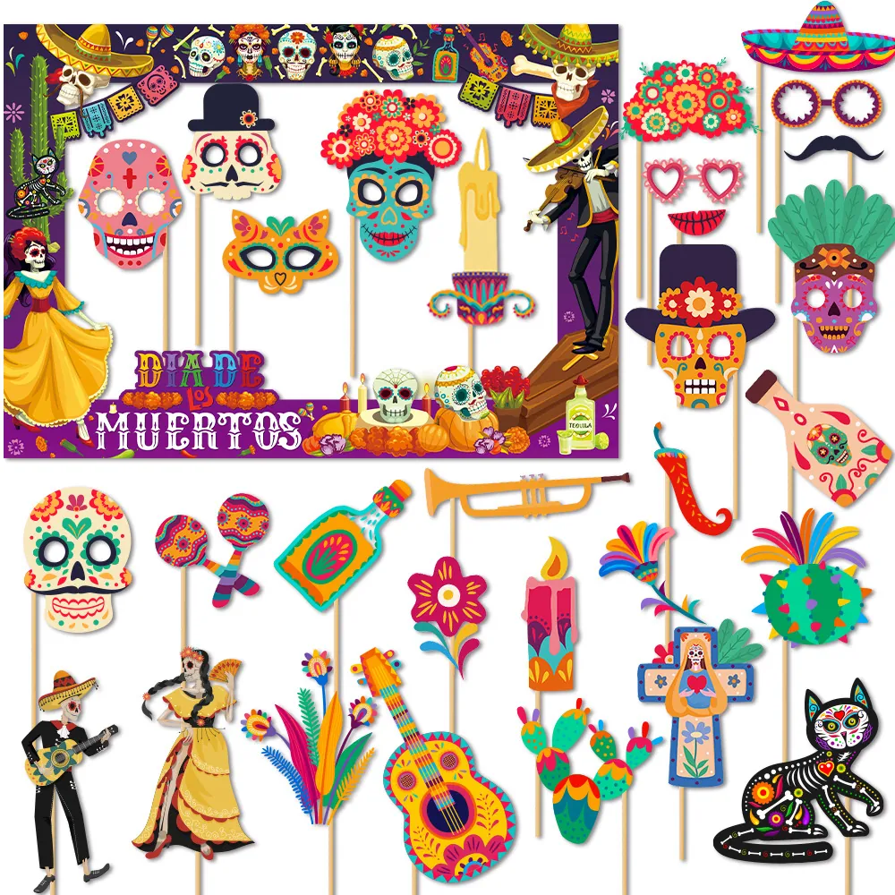 Day Of The Dead Photo Booth Props Mexican Festival Handheld Paper Frame Skull Sombrero Guitar Party Decoration Supplies