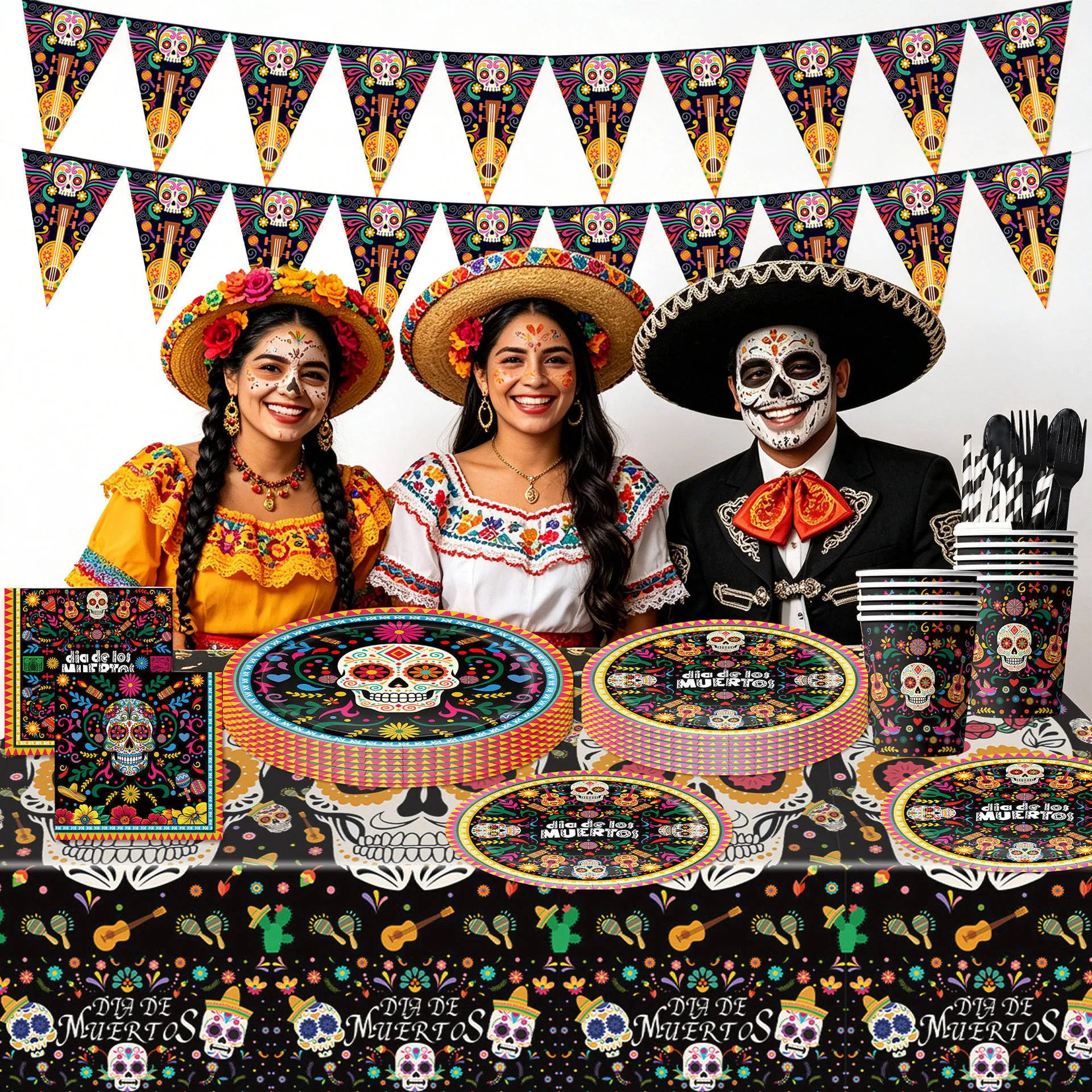 Mexican Day Of The Dead Theme Party Decoration Sugar Skull Disposable Tableware Paper Plates Cups Napkins Banner Tablecloth Accessories