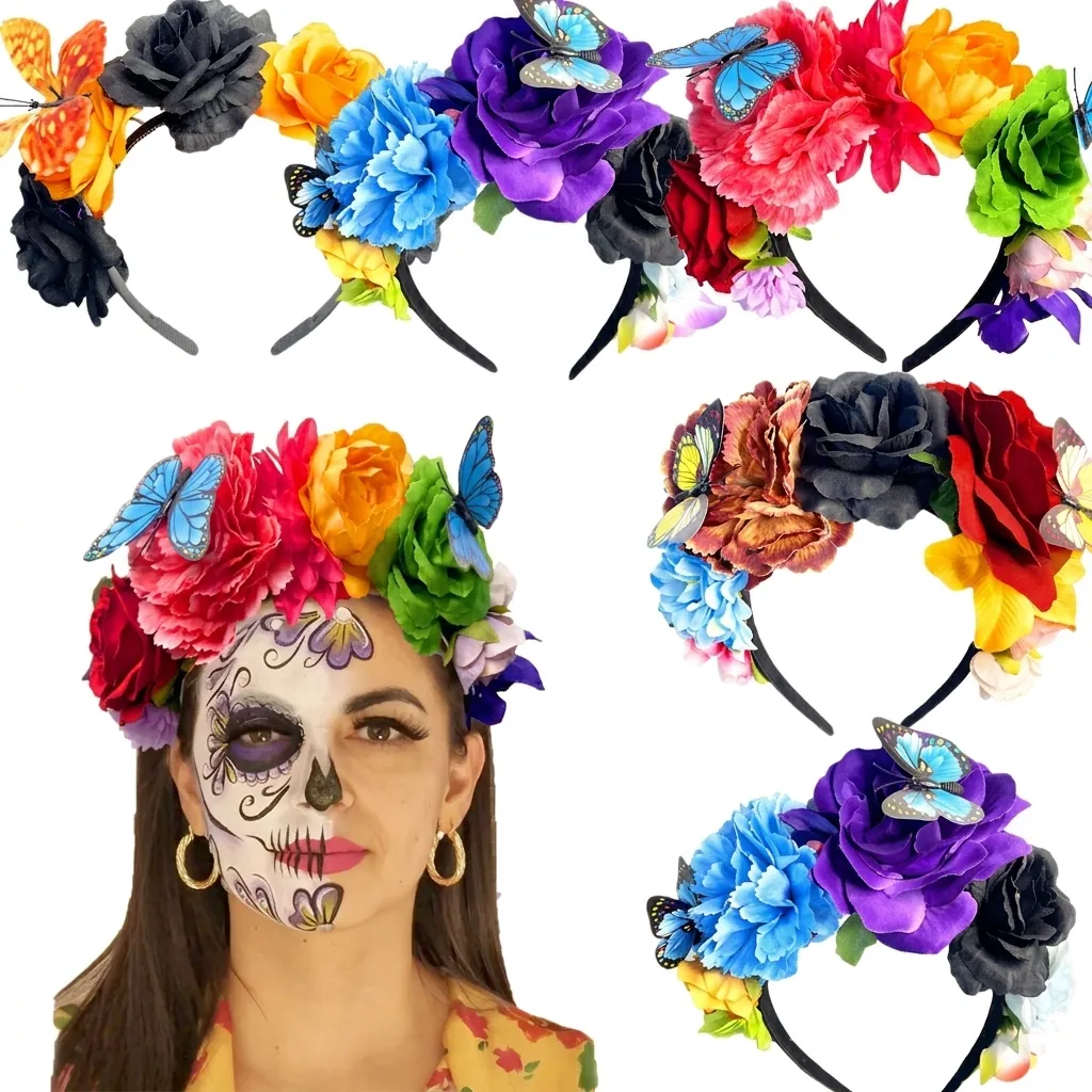 Colorful Artificial Flower Butterfly Headband Floral Crown For Carnival Day Of The Dead Halloween Party Decoration Women
