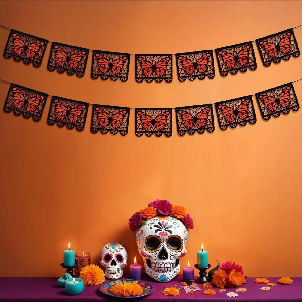 Bannière Mexicaine Jour Des Morts En Feutre Papillon Ajouré Guirlande Décorations De Fête Dia De Los Muertos Décor Suspendu
