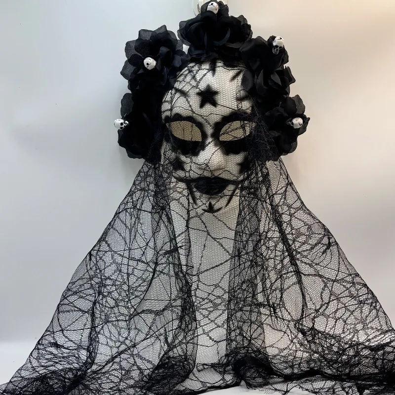 Mexican Day Of The Dead Halloween Mask Gothic Horror Lace Veil Artificial Rose Floral Headpiece For Carnival Cosplay