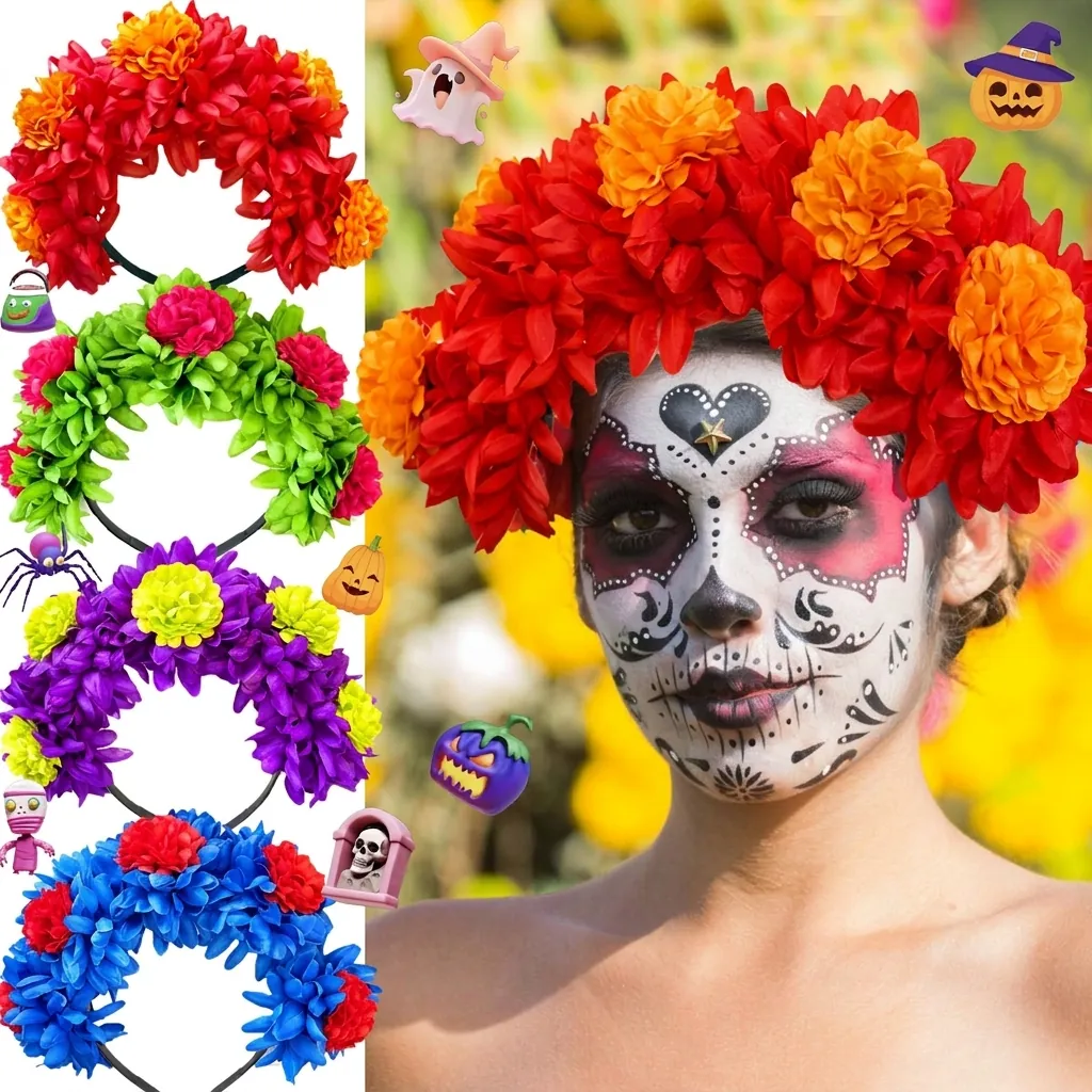 Day Of The Dead Marigold Flower Headband For Women Mexican Festival Carnival Halloween Costume Floral Hair Hoop Headpiece