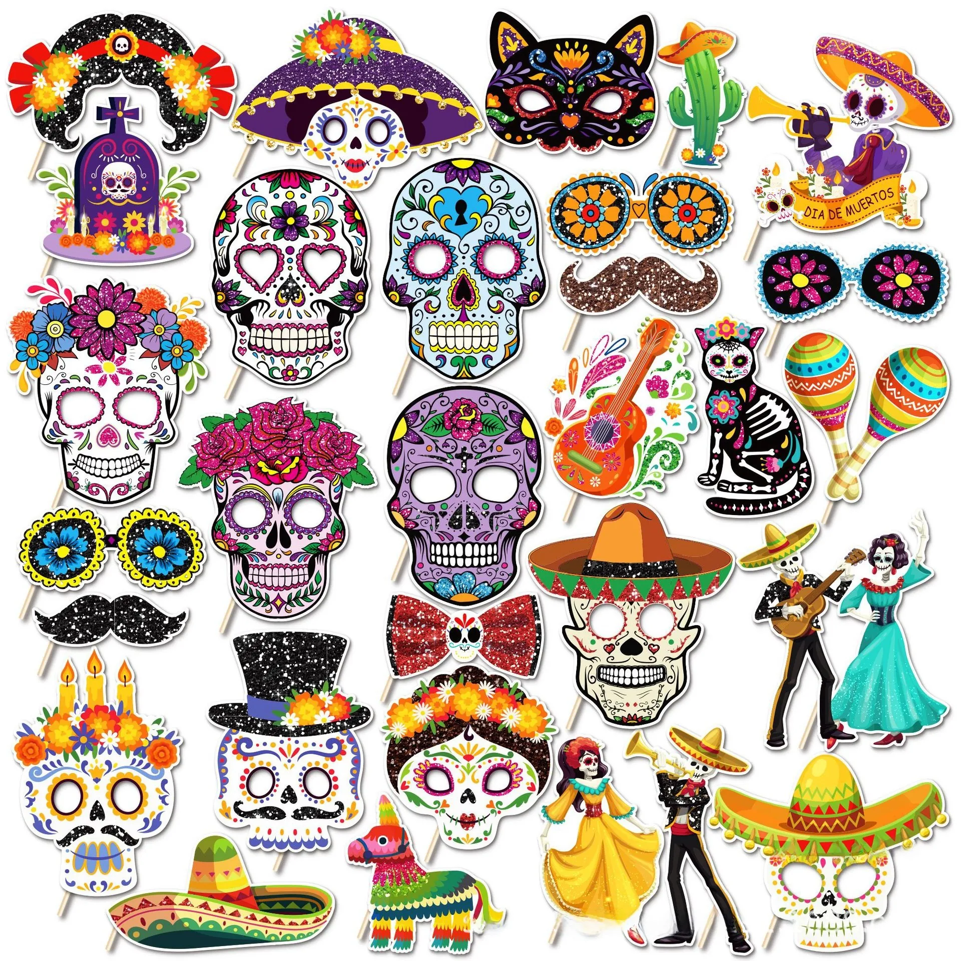 Mexikanische Tag Der Toten Fotobox Requisiten Zuckerschädel Sombrero Gitarre Kaktus Party Fotografie Requisiten Halloween Dekor