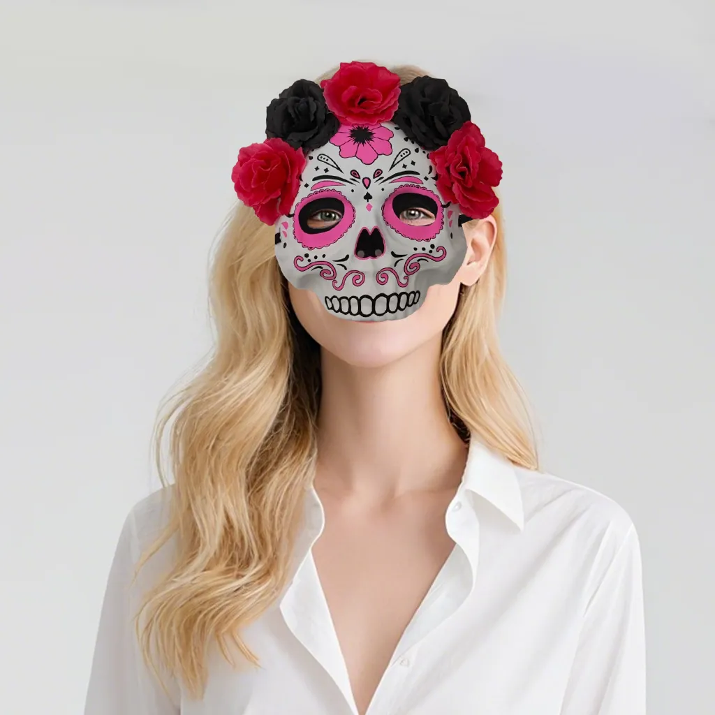 Mexican Day of the Dead Sugar Skull Mask With Roses Halloween Masquerade Costume Ghost Bride Floral Mask For Adult Party