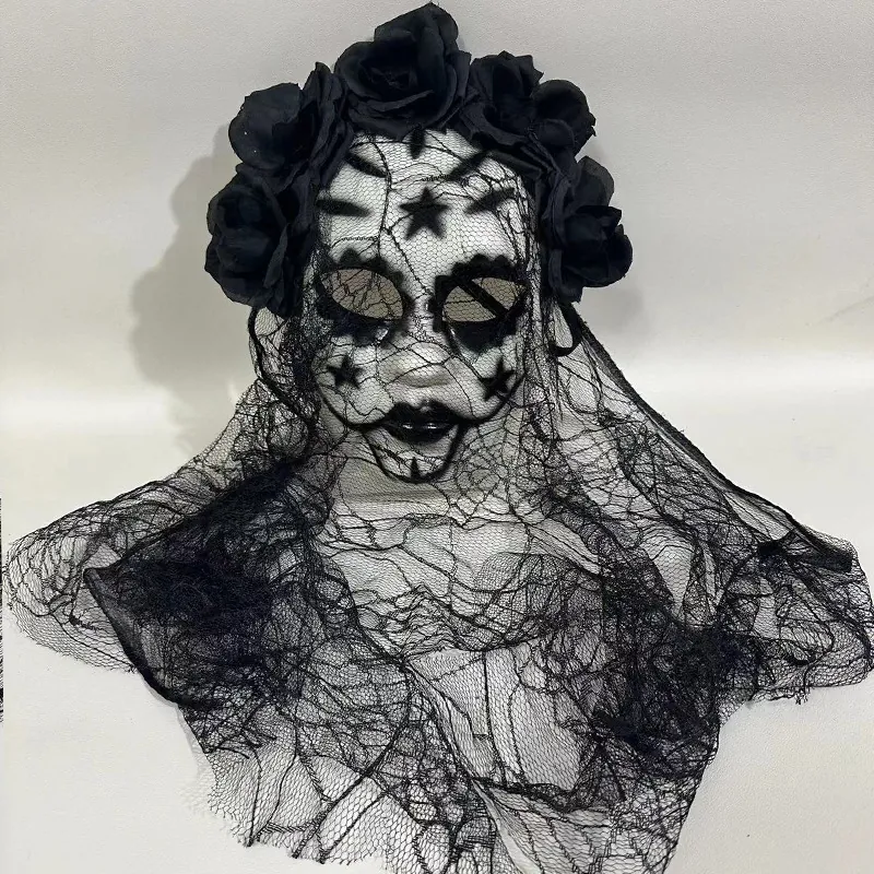 Mexican Day of the Dead Masquerade Mask with Roses and Lace Veil for Halloween Carnival Cosplay Gothic Horror Skeleton Mask for Women