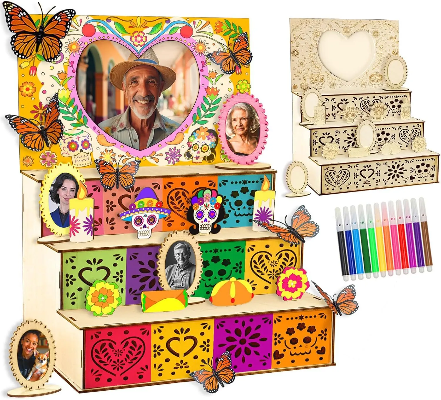 Autel en Bois DIY du Jour des Morts Présentoir à Niveaux Mexicain Dia de los Muertos Ofrenda Avec Cadres Photo et Marqueurs Colorés pour la Décoration de Festival