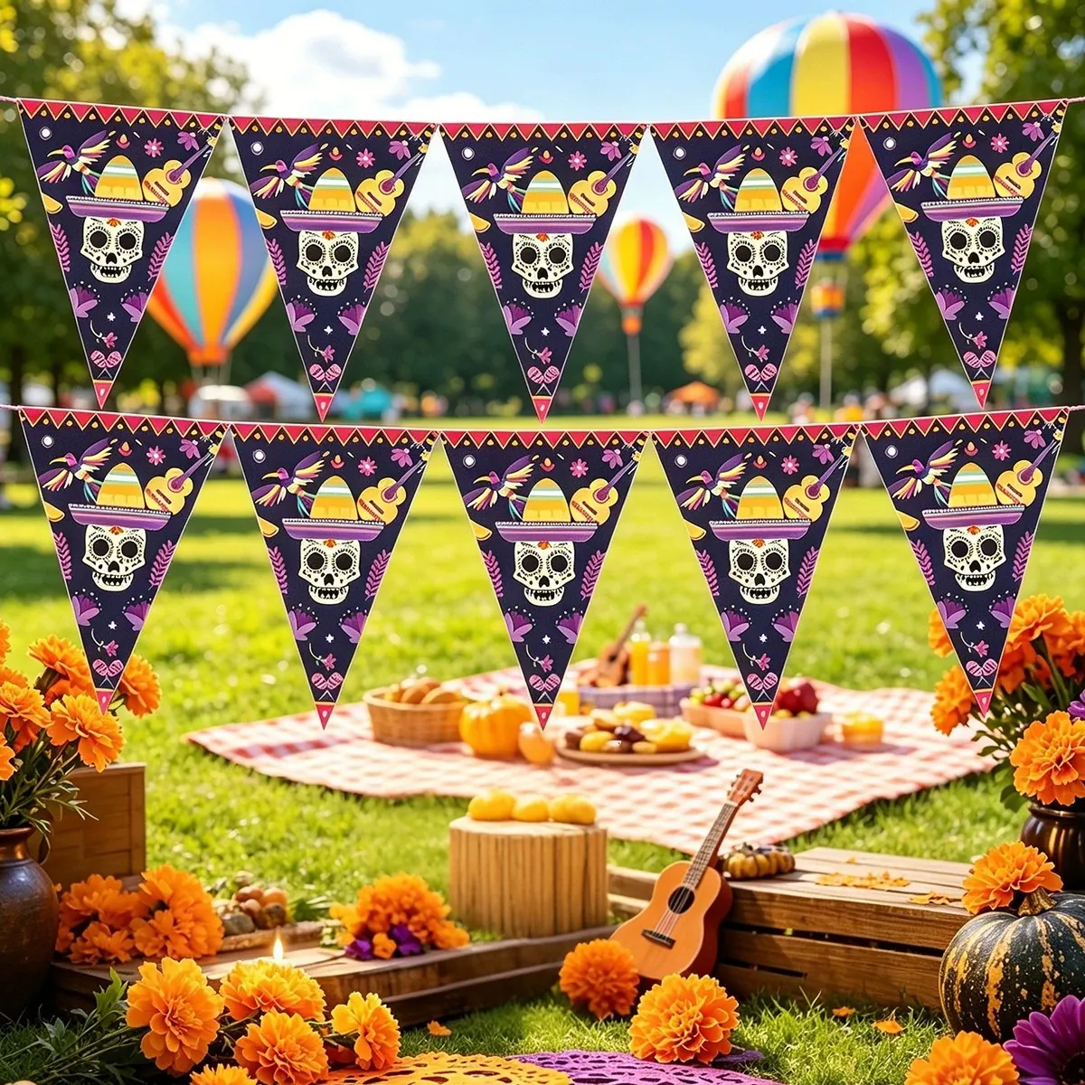 Mexikanische Tag der Toten Wimpelkette Totenkopf Dreieck Flagge Banner Polyester Girlande für Halloween Dekoration Outdoor