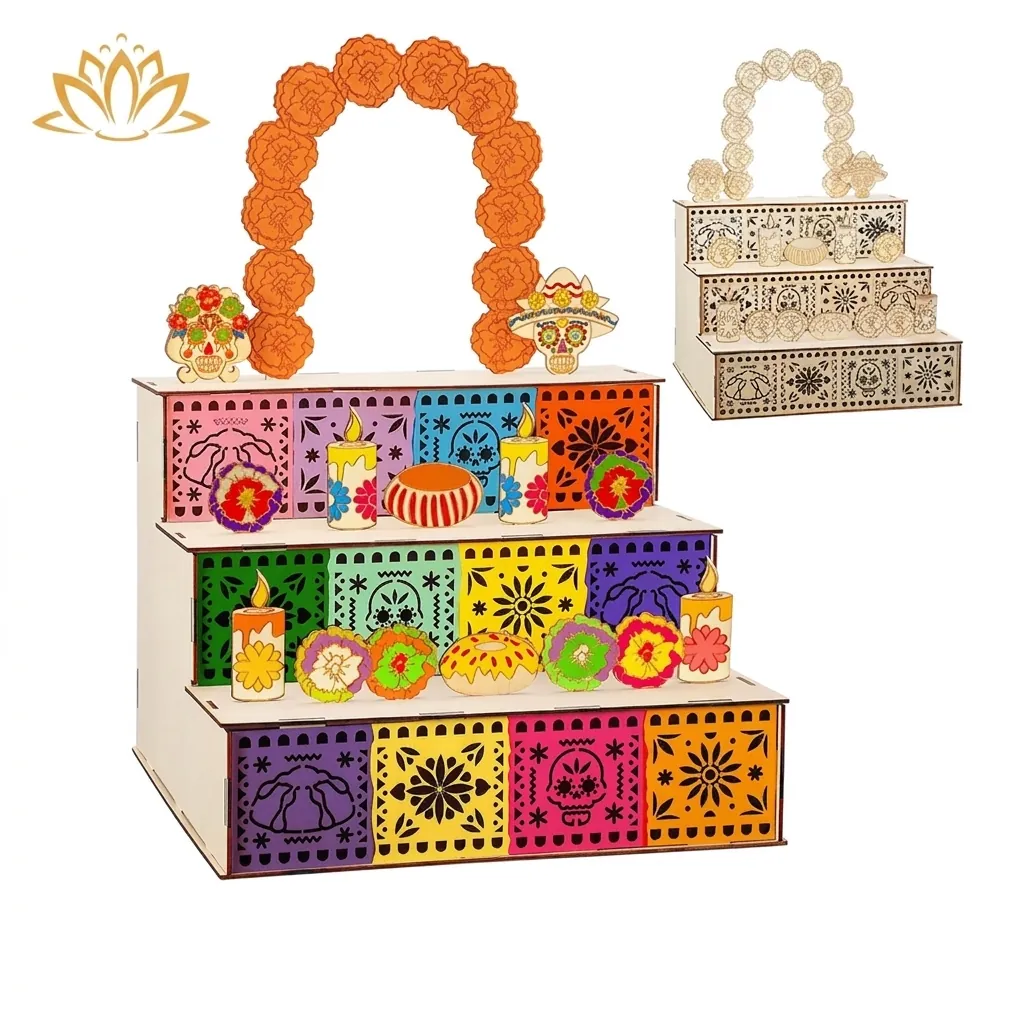 Decorazione Altare Fai-da-te a 3 Livelli in Legno Giorno Dei Morti Messico per Festa Halloween Arredamento Casa Intagliato Design Teschio