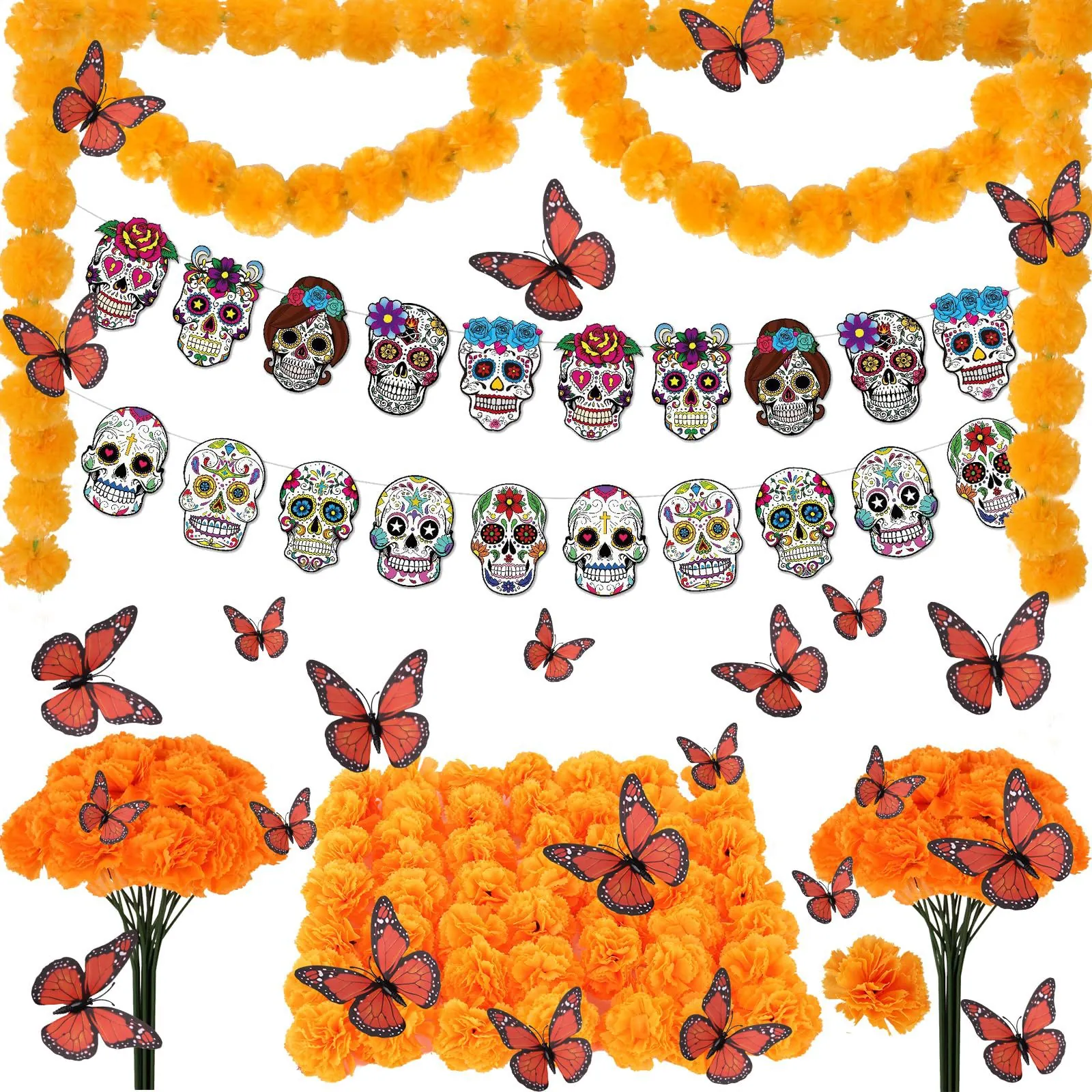 Mexican Day of the Dead Decorations Marigold Garland Silk Butterfly Plastic Papel Picado Banner Halloween Festive Party Decor