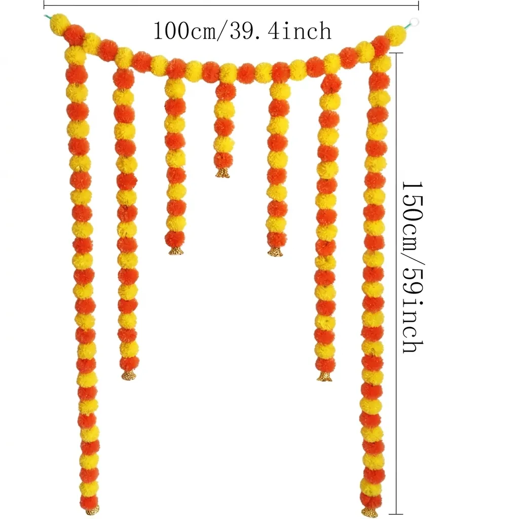 Artificial Marigold Flower Garland Door Curtain Orange Yellow Pompom Floral Decorative Hanging For Day Of The Dead Halloween Mexican Wedding Party
