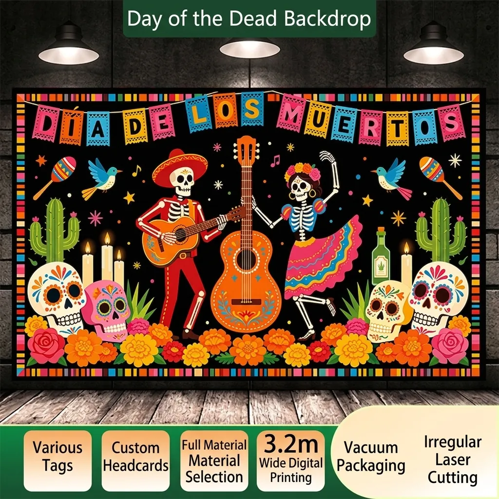 Mexican Day Of The Dead Backdrop Skull Guitar Dancing Mariachi Tapestry For Carnival Party Home Wall Hanging Decoration
