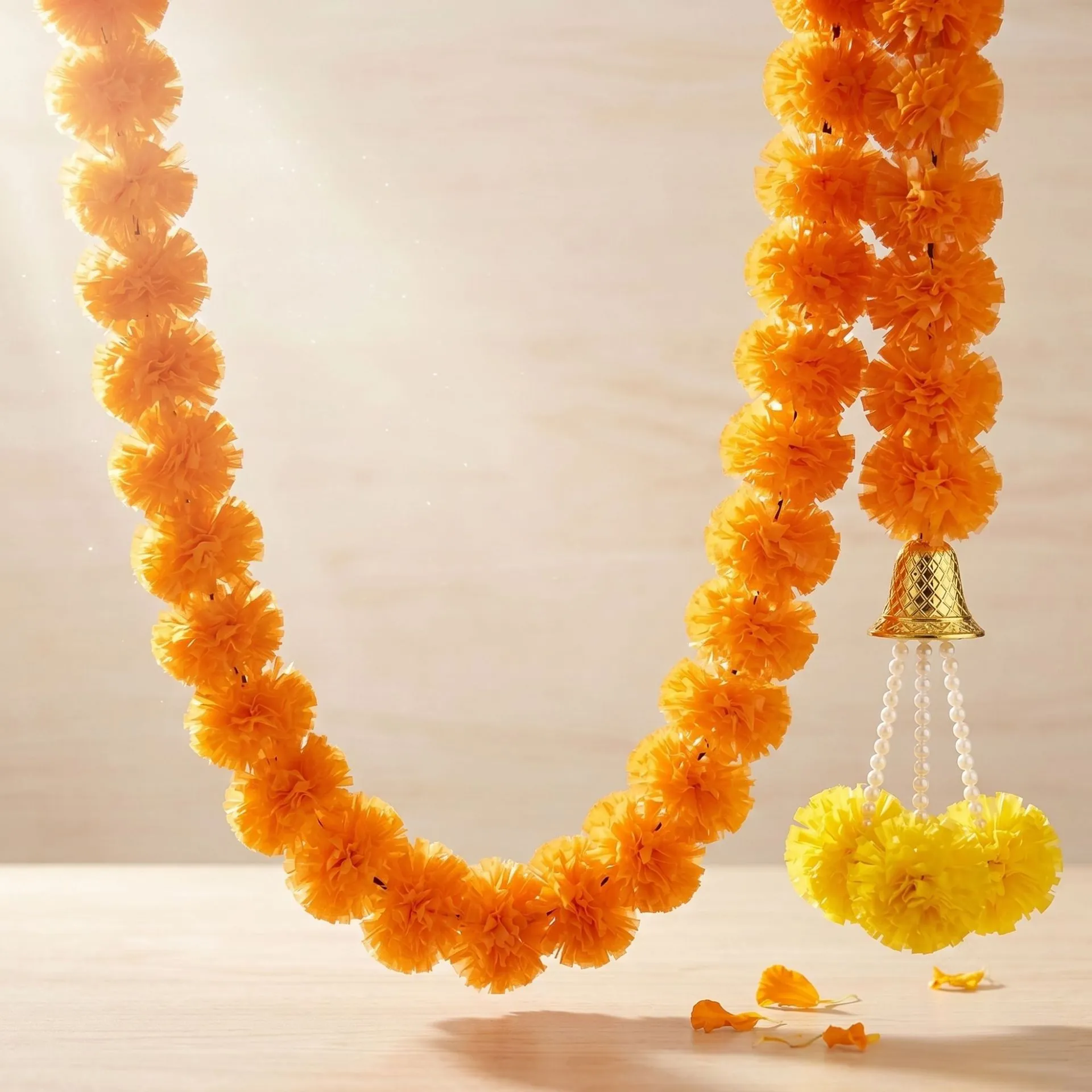 Ghirlanda di Fiori di Calendula Artificiali Con Campana d'Oro E Perla Artificiale Decorazione Pensile Tradizionale Per Matrimonio E Festa