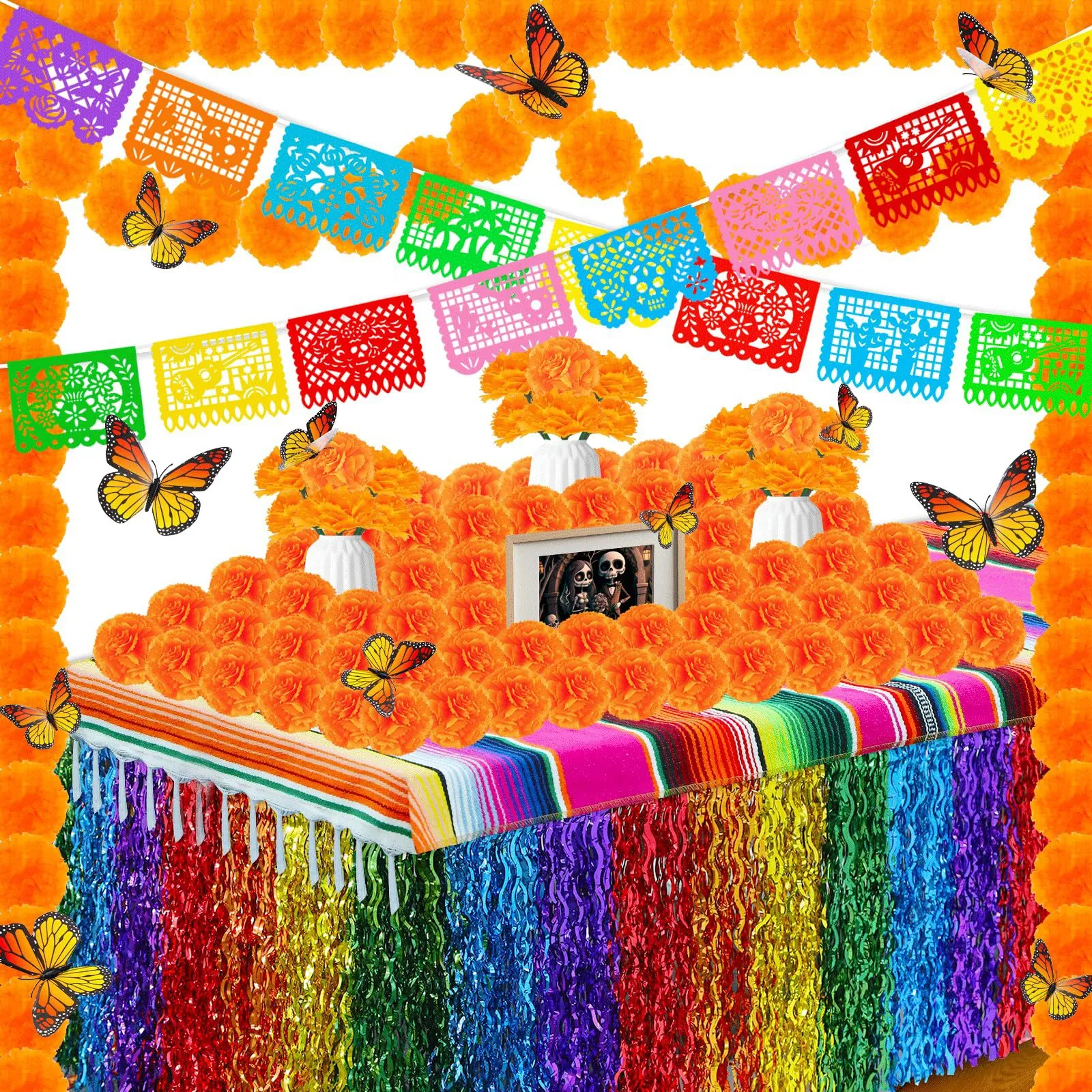 Mexican Day Of The Dead Decoration Set Artificial Marigold Flowers Garland Papel Picado Banner Butterfly Stickers For Halloween Party Ofrenda Decor