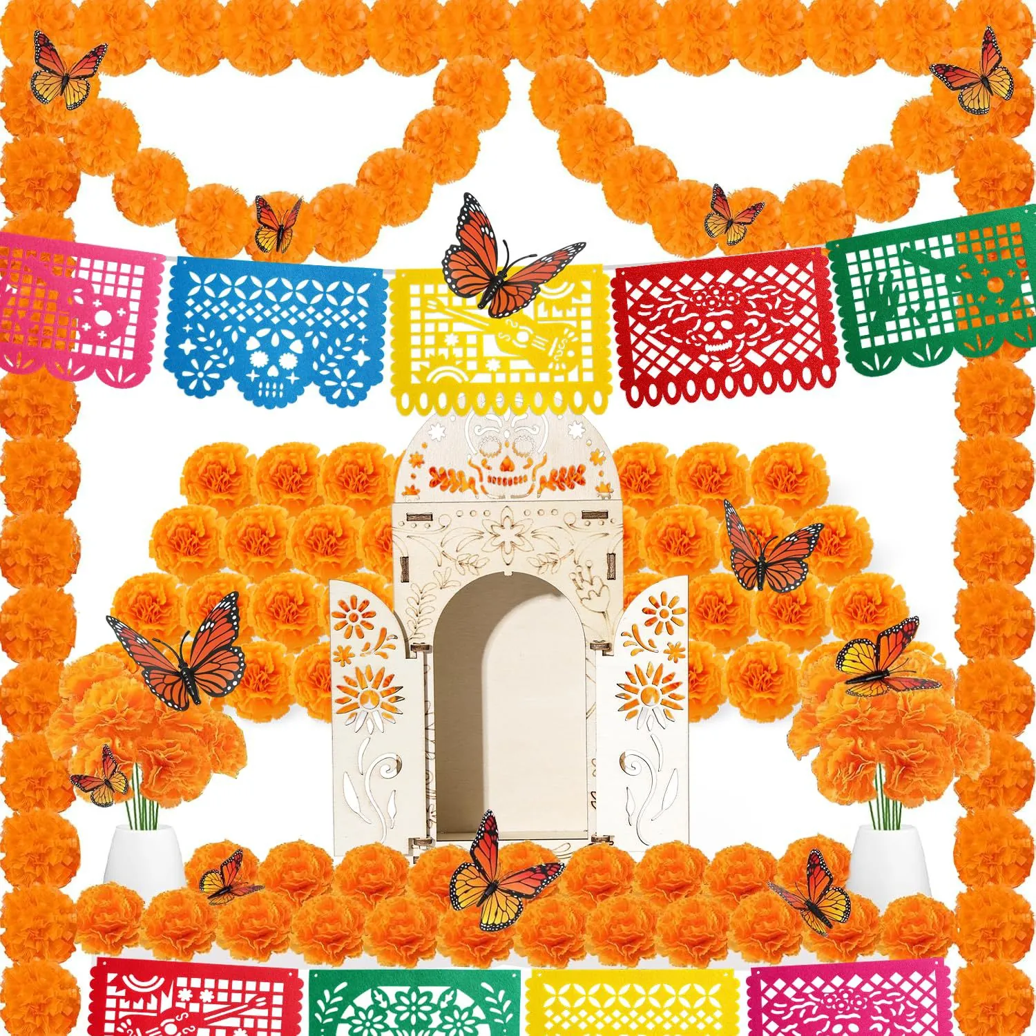 Mexican Day of the Dead Party Decoration Papel Picado Banner Marigold Flower Garland Monarch Butterfly For Ofrenda Decor