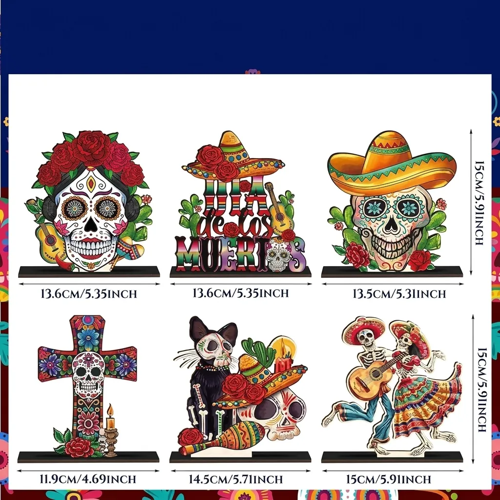 Décoration de Table en Bois Art Populaire Mexicain Jour des Morts Dia De Los Muertos Tête de Mort Squelette Couple Ornement Fête