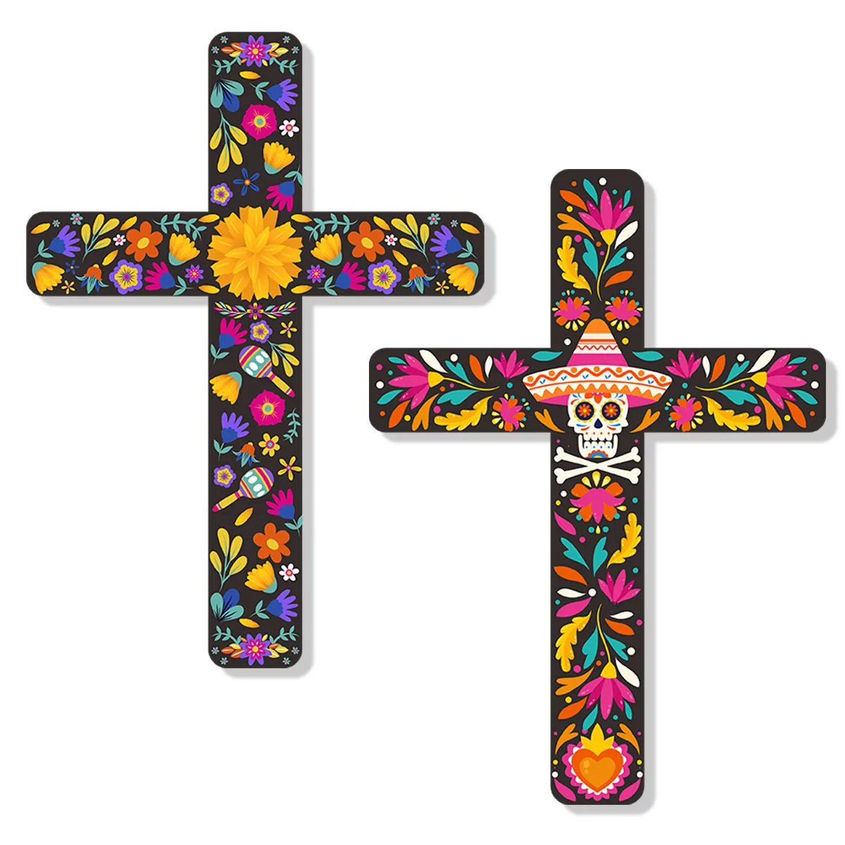 Day Of The Dead Cross Wall Decor Mexican Festival Sugar Skull Floral Printed Cardboard Hanging Ornaments Halloween Party Decoration