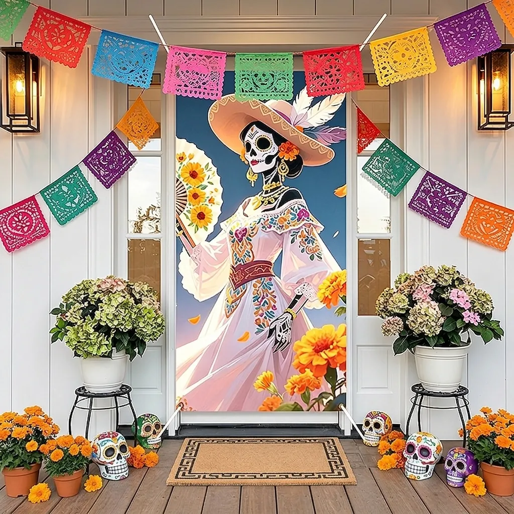 Mexican Day Of The Dead Door Banner Polyester Tapestry Skeleton Marigold Floral Printed Party Home Wall Decor Background Cloth