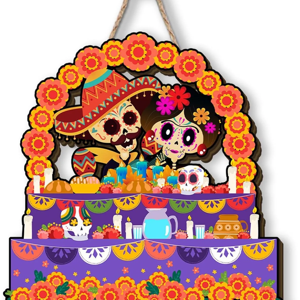 Plaque Suspendue en Bois Jour des Morts Autel Mexicain Décoration Crâne Souci Motif Ofrenda pour Fête de Festival Décoration de Maison