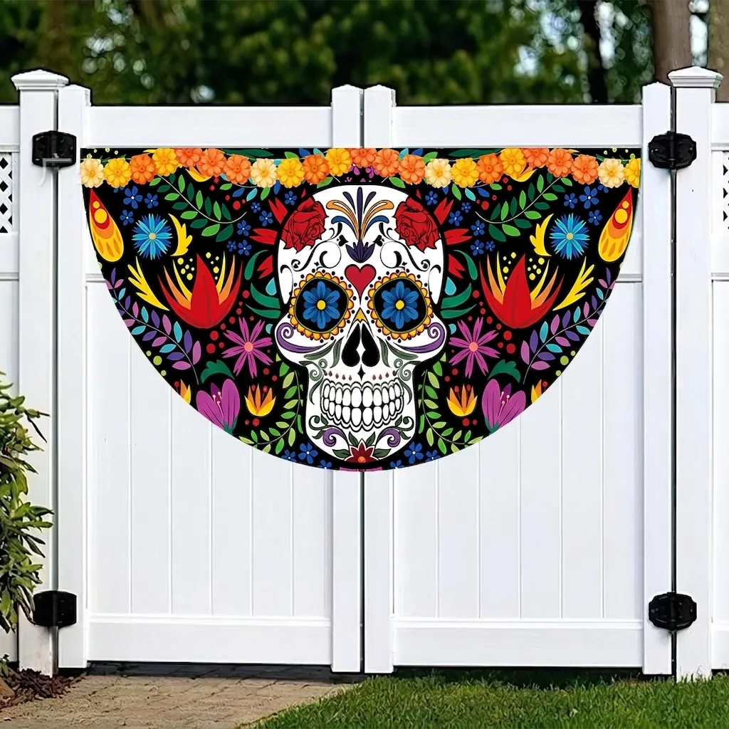 Mexican Day of the Dead Bunting Flag Watercolor Marigold Skull Polyester Half Circle Fan Flag For Outdoor Yard Party Decor