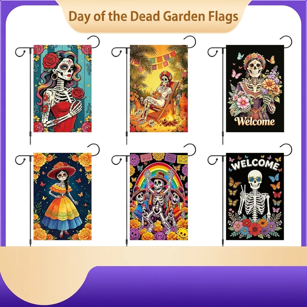 Mexican Day of the Dead Garden Flag Sugar Skull Floral Polyester Linen Banner Outdoor Yard Party Decoration Welcome Sign