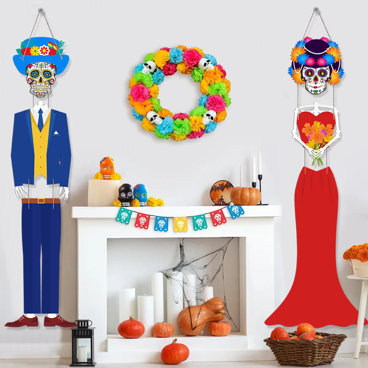 Skelett Braut und Bräutigam Hängedekoration Papier Blumen Schädel Banner Für Tag der Toten Halloween Party Deko