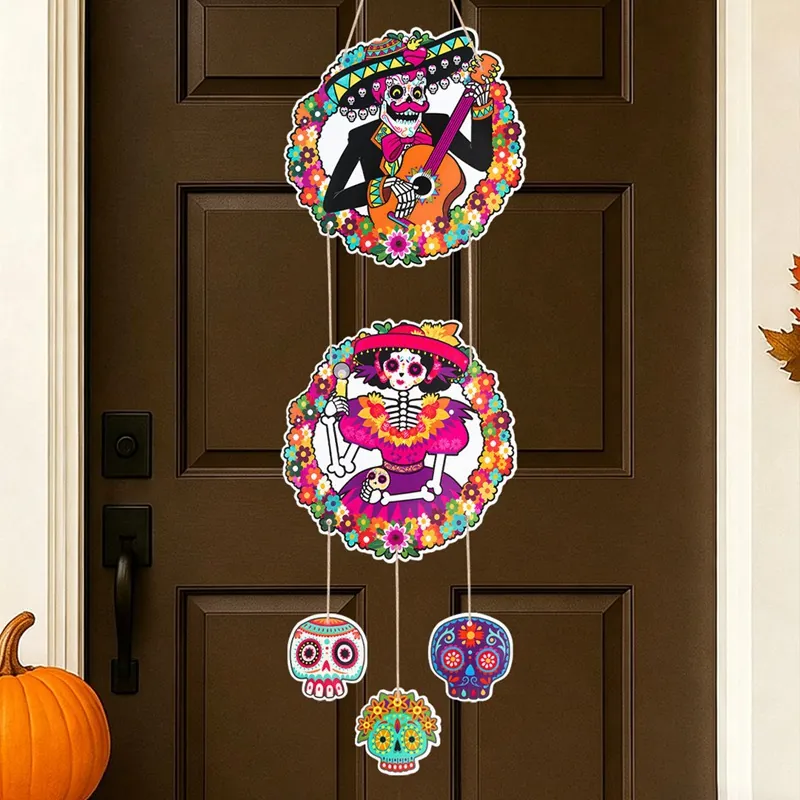 Mexican Day of the Dead Skull Door Hanging Decoration Painted Sugar Skull Cardboard Banner For Halloween Party Photography Props