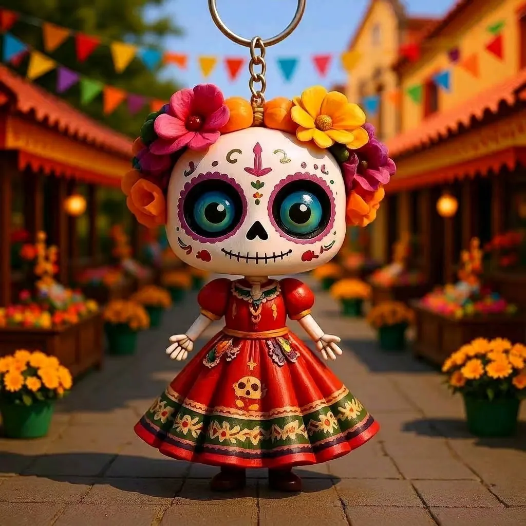 Acrylic Day Of The Dead Sugar Skull Keychain Mexican Flower Fairy Doll Bag Pendant Halloween Gift Ornament