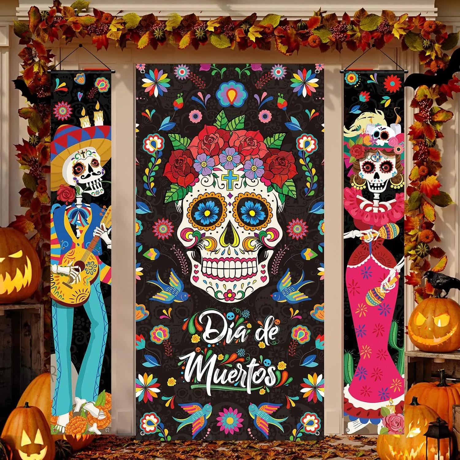 Mexico Day of the Dead Porch Banner Set Sugar Skull Print Door Cover Halloween Party Polyester Couplets Decor