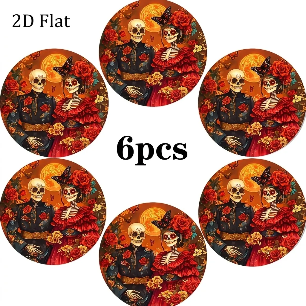 Day Of The Dead Wood Coasters Mexican Style Skeleton Couple Rose Print Heat Resistant Round Halloween Home Decor Mat