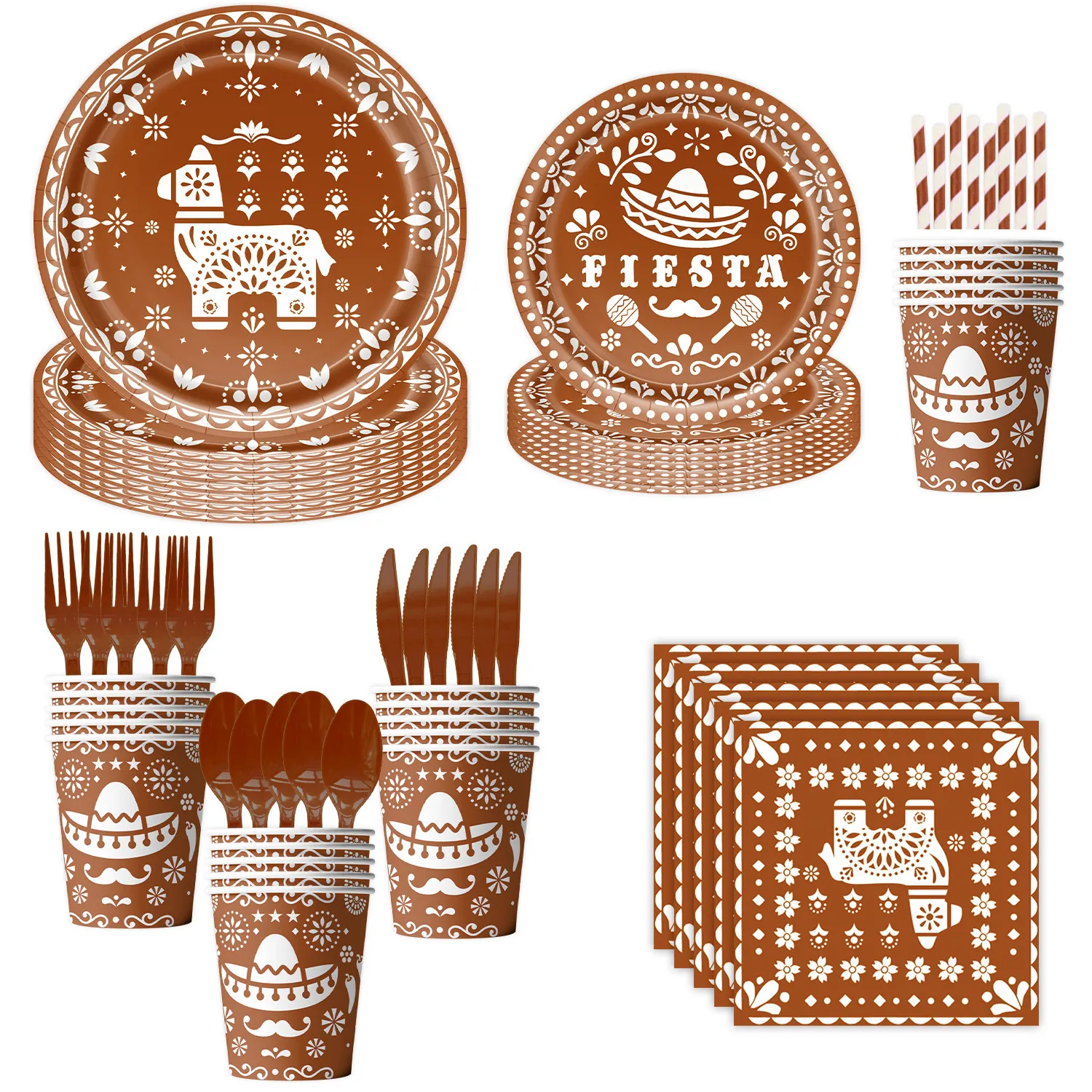 Mexican Day Of The Dead Party Supplies Set Brown Fiesta Ethnic Patterns Disposable Plates Napkins Cups Tablecloth Banner Decorations
